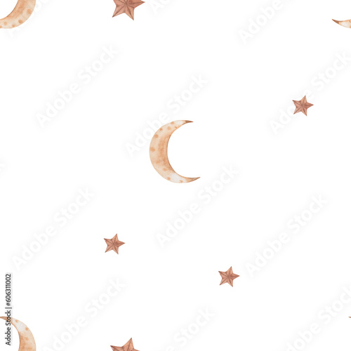 seamless pattern watercolor drawing month, stars. for delicate children's fabrics and printing. enjoy. © Татьяна Трущелева