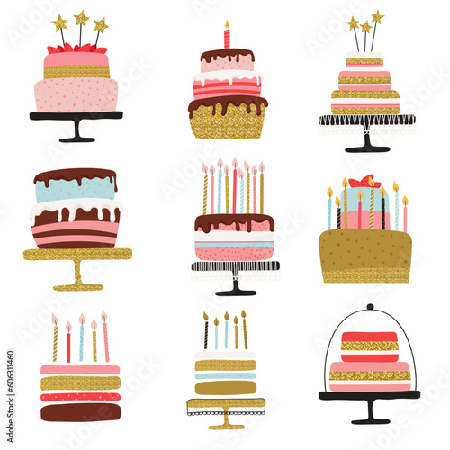 Happy Birthday cakes collection. Festive sweet tasty dessert in a cute simple style. Vector illustration
