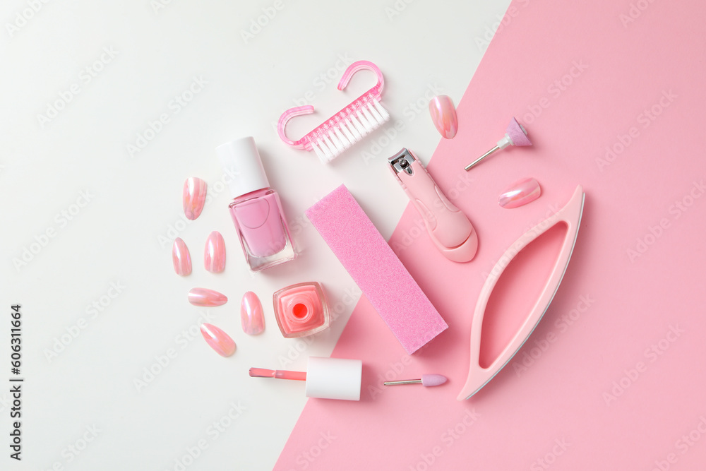 Concept of nail art, tools for pedicure and manicure Concept of nail art, tools for pedicure and manicure