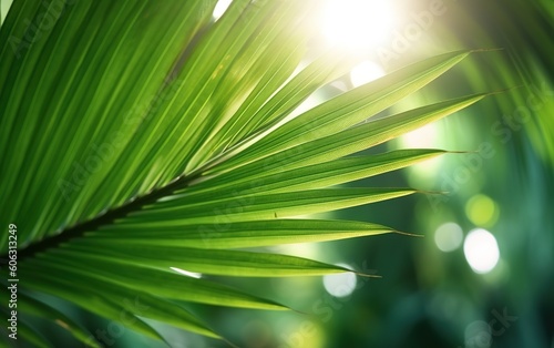 Tropical palm leaf in sun light background, summer concept