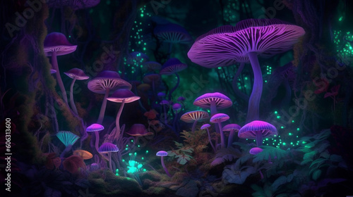 Fototapeta Naklejka Na Ścianę i Meble -  Mushroom jungle with violet neon glow