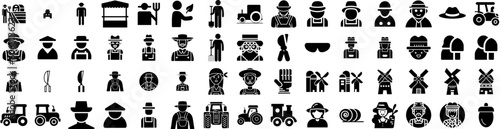 Set Of Farmer Icons Isolated Silhouette Solid Icon With Farm, Man, Farmer, Agriculture, Worker, Field, Farming Infographic Simple Vector Illustration Logo