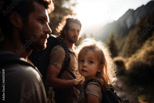 AI Generative: Blissful Family Adventure - Front View Lifestyle Photo of a Happy Family Hiking in Majestic Mountains
