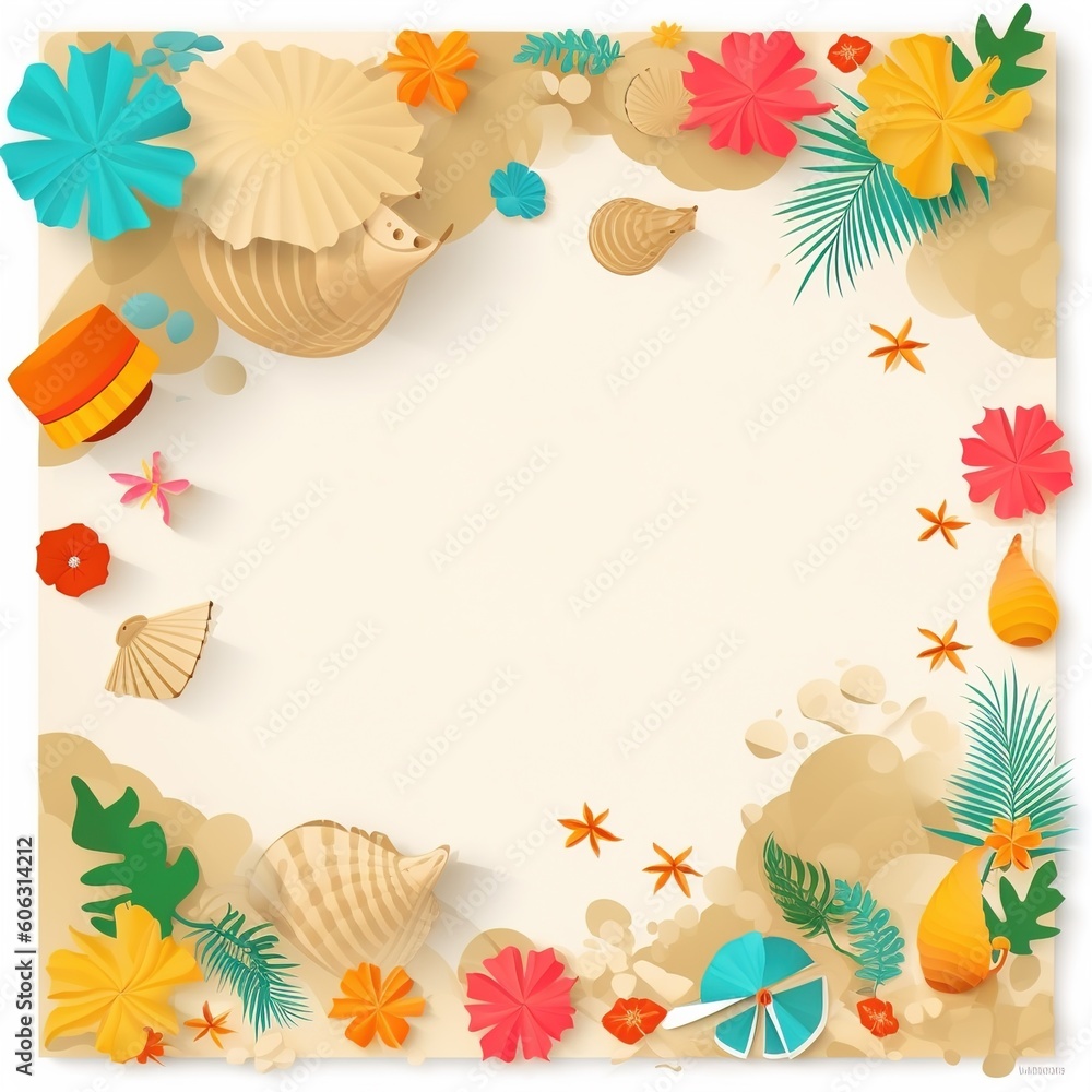 Summer time vector banner design, colorful beach elements in white background.