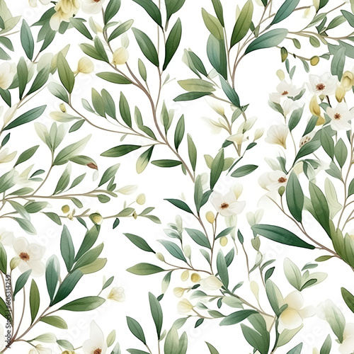Floral seamless pattern with white flowers. Botanical background. AI Illustration. For wallpaper, prints, fabric design, wrapping paper, surface textures, digital paper.