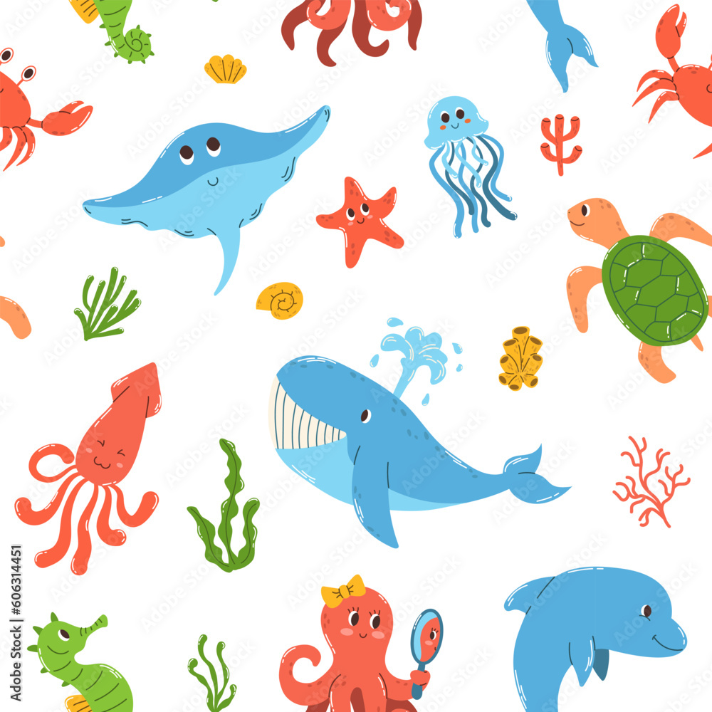 Fototapeta premium Seamless pattern of colorful hand drawn marine animals and algae, corals underwater world in flat vector style. Print design for children apparel, textile, wallpaper, packaging