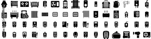 Set Of Heater Icons Isolated Silhouette Solid Icon With House, Heater, Energy, Home, Temperature, Hot, Heat Infographic Simple Vector Illustration Logo
