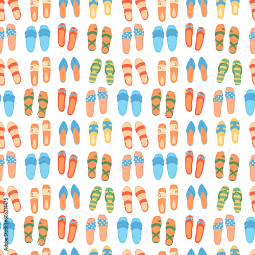 Seamless pattern of colorful drawing summer shoes in flat vector style. Print design for children apparel, textile, wallpaper, packaging