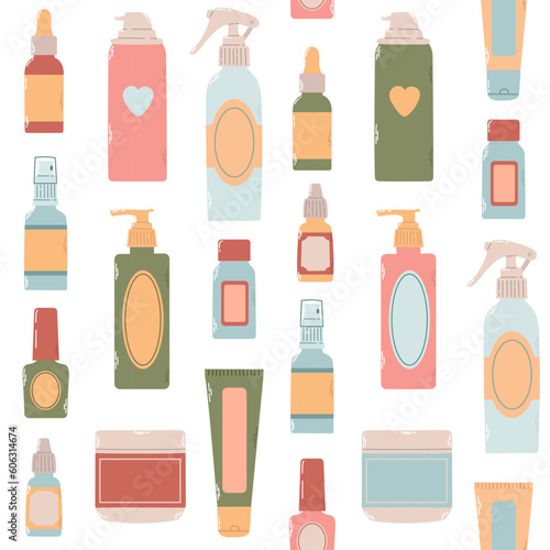 Seamless pattern of different bottles, flacons, sprays for design cosmetic products in colorful flat vector illustration. Cosmetology, dermatology, podology