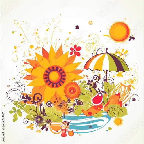 Summer time vector banner design  colorful beach elements in white background.