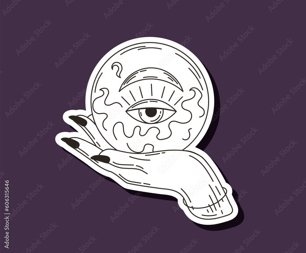 Naklejka premium Alchemy crystal ball sticker. Line icon for website. Hand holds sphere with eye. Fortune teller with equipment for predicting future. Linear flat vector illustration isolated on violet background