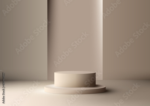 3D realistic modern style empty beige color podium stand with geometric rectangle backdrop on brown background