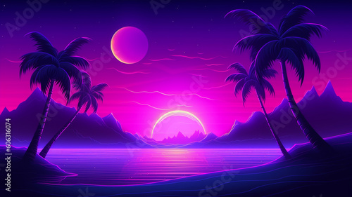 Night beach background with violet neon glow and moon © AhmadSoleh