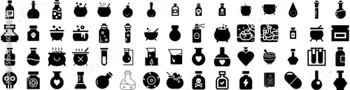 Set Of Potion Icons Isolated Silhouette Solid Icon With Halloween, Alchemy, Potion, Illustration, Bottle, Poison, Magic Infographic Simple Vector Illustration Logo