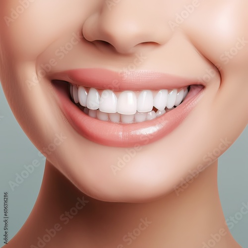 Close up cropped half face portrait of attractive, nude, natural, perfect, ideal girl with healthy white teeth isolated on beige background, perfection, wellness, wellbeing. Generative Ai.