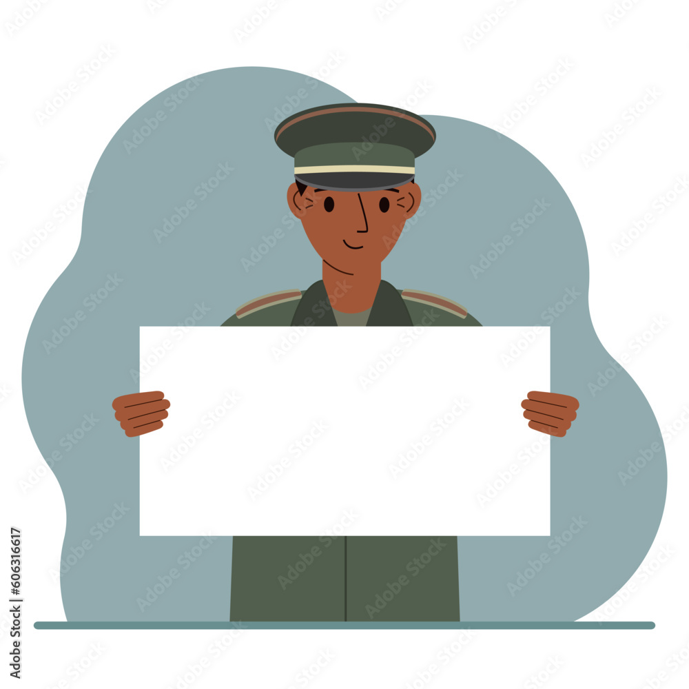 A military man in uniform holds a white sheet of paper in his hands. Concept for advertising, poster, banner. A military man in uniform holds a white sheet of paper in his hands. Concept for advertising, poster, banner.