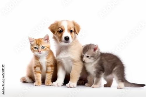 Kittens and puppies isolated on a white background,