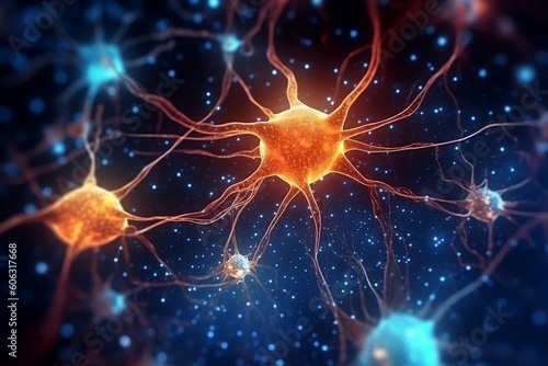 The Generative AI illustrations depicts a dynamic network of active nerve cells exhibiting electrical activity. It related to neuroscience  neurology  brain activity  the nervous system.