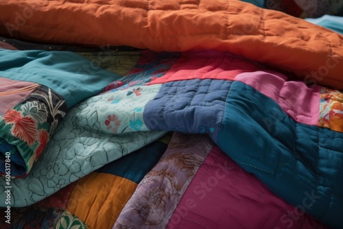 colorful comforter with a variety of fabric swatches and textures