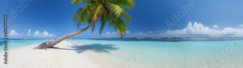 Panoramic view of a Tropical beach paradise with a coconut palm tree ina white sand with blue sky. Generative AI