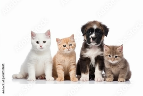 Kittens and puppies isolated on a white background,