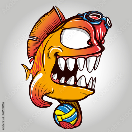 Fish holding a volleyball wearing a pair of swimming goggles on its head. Orange fish with big teeth, mascot of a waterpolo team. Sport illustration concept.
