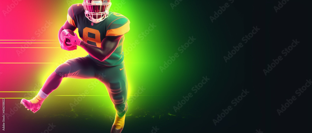 Horisontal banner for website header, Visual with American football player banner with neon colors, Template for a sports marketing with copy space, Mockup for advertisement