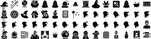 Set Of Wizard Icons Isolated Silhouette Solid Icon With Witch, Magical, Magic, Magician, Wizard, Illustration, Fantasy Infographic Simple Vector Illustration Logo
