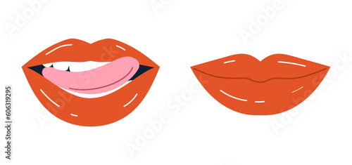 Set of lips concept. Sexual mouth with tongue. Aesthetics and elegance, romance. Collection of stickers for messengers. Cartoon flat vector illustration isolated on white background