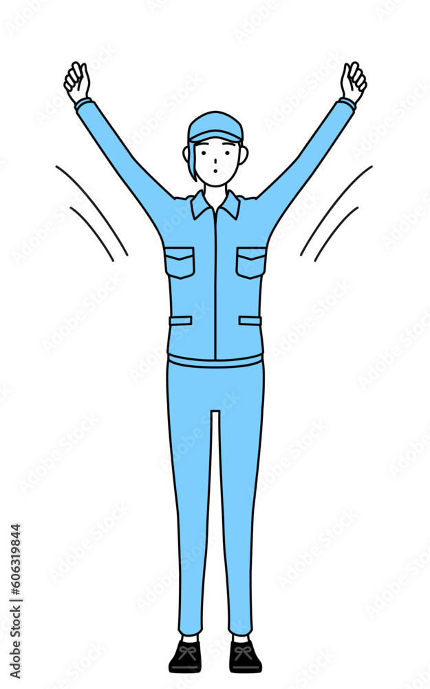 ラジオ体操をする帽子と作業着姿の女性