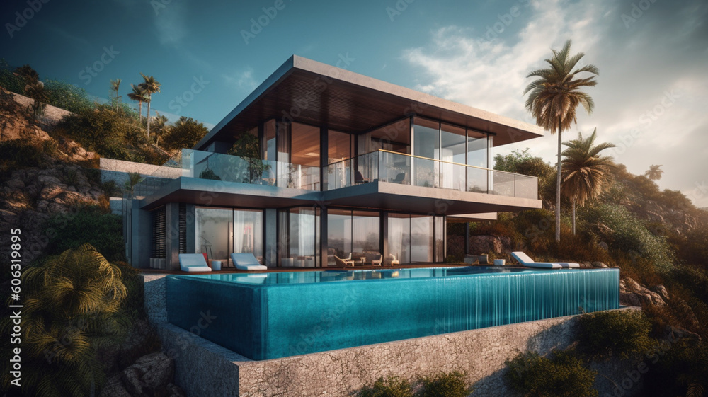 Modern flat roof house and panoramic windows, with a pool by the sea. Palm trees in the background. 3D visualization of the house