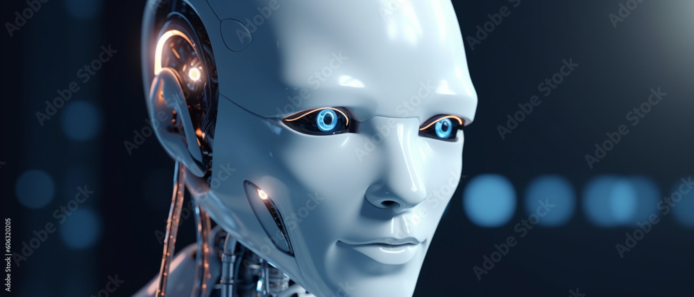 Humanoid robot face close-up futuristic modern tech chatbot assistance auto conversation background copy space, Future digital technology AI artificial intelligence concept,  copy space on left
