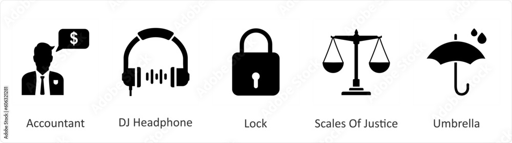 A set of 5 Mix icons as accountant, dj headphone, lock A set of 5 Mix icons as accountant, dj headphone, lock