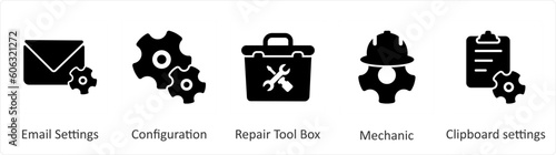 A set of 5 Mix icons as email settings, configuration, repair tool box