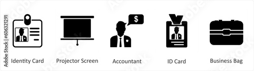 A set of 5 Mix icons as identity card, projector screen, accountant