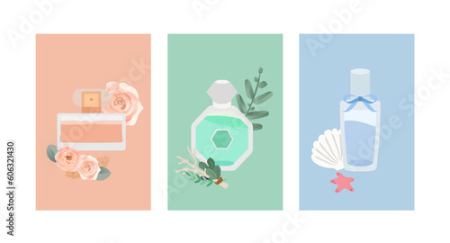 Flat Perfume, Cologne ad template. Perfume Bottles with flowers, leaves, branches and fruits.