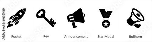 A set of 5 Mix icons as rocket, key, announcement