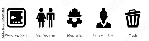 A set of 5 Mix icons as weighing scale, man woman, mechanic