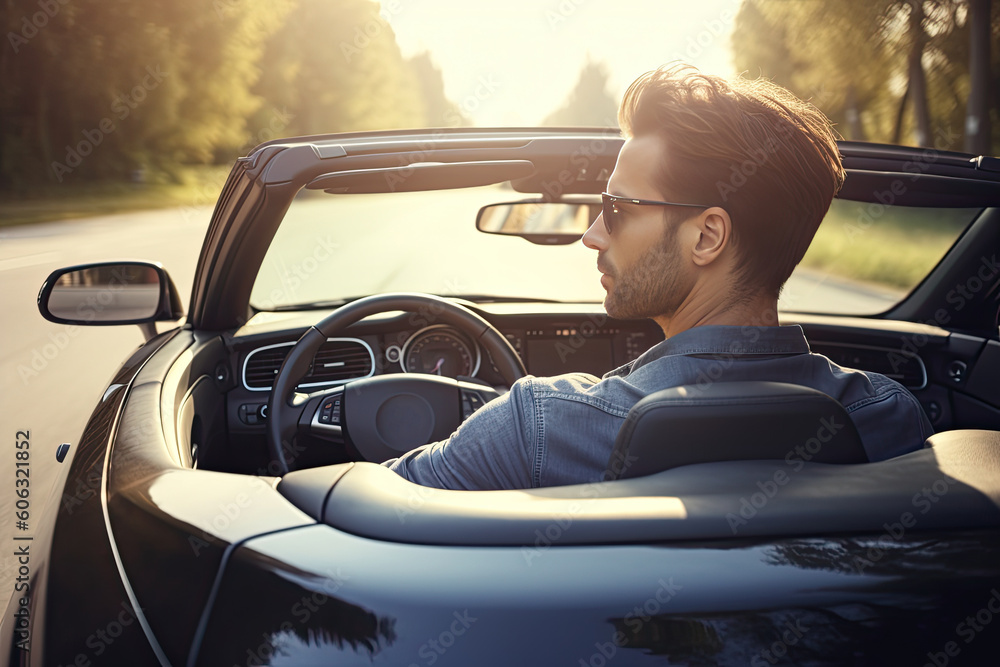 Naklejka premium Young man driving a convertible car on the road in the mountains
