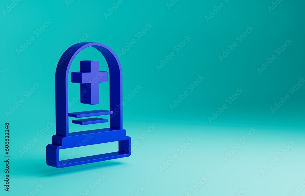 Blue Grave with tombstone icon isolated on blue background. Minimalism concept. 3D render illustration Blue Grave with tombstone icon isolated on blue background. Minimalism concept. 3D render illustration