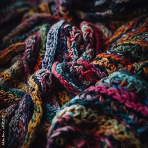 handmade, knitted blanket with intricate patterns and multicolored threads