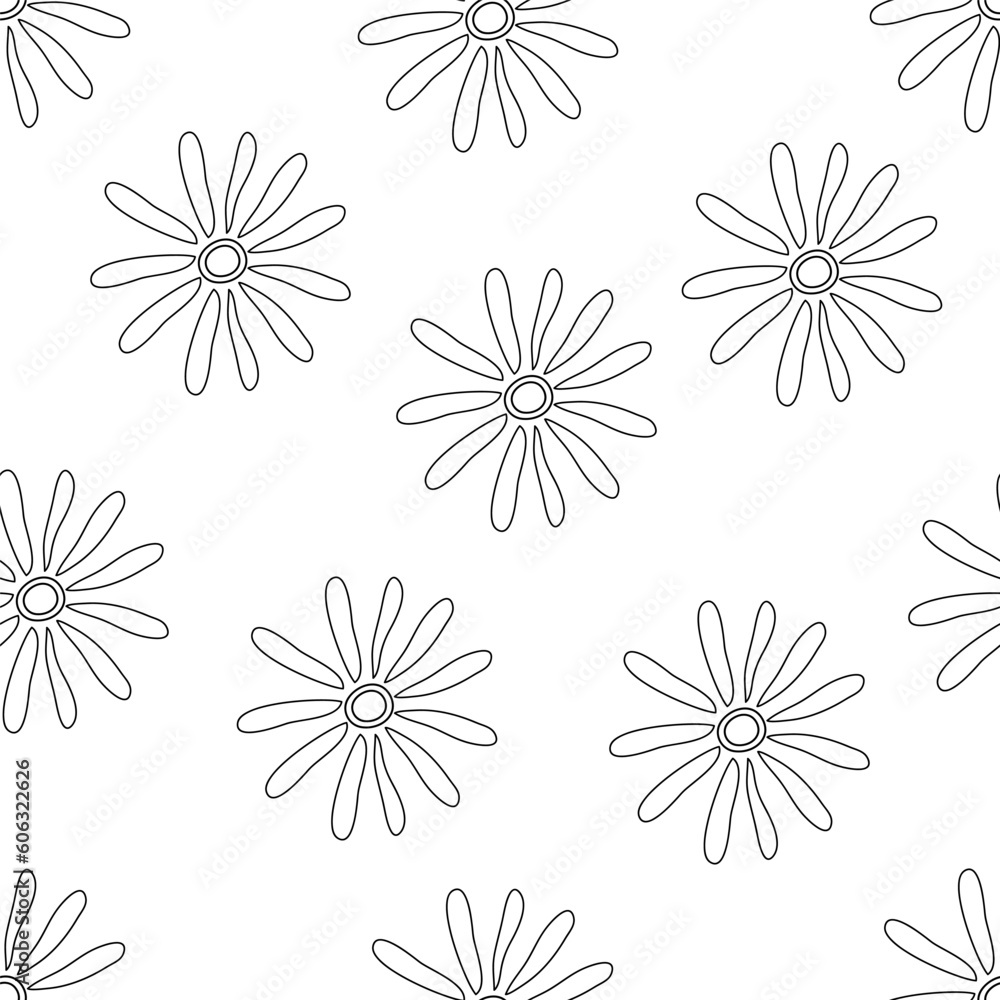 Chamomile pattern in doodle style.Simple vector seamless texture.