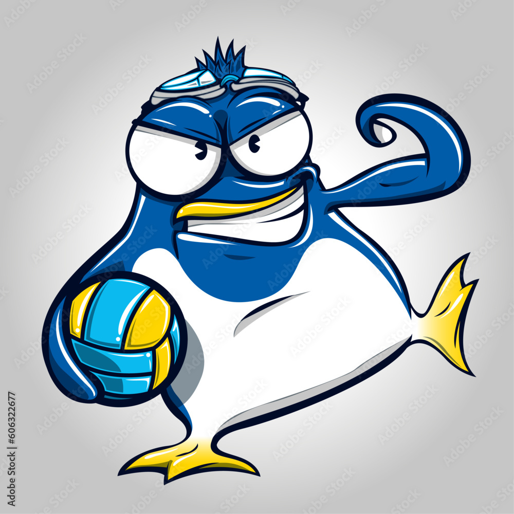 Penguin holding a volleyball and flexing his bicep muscle. Blue penguin