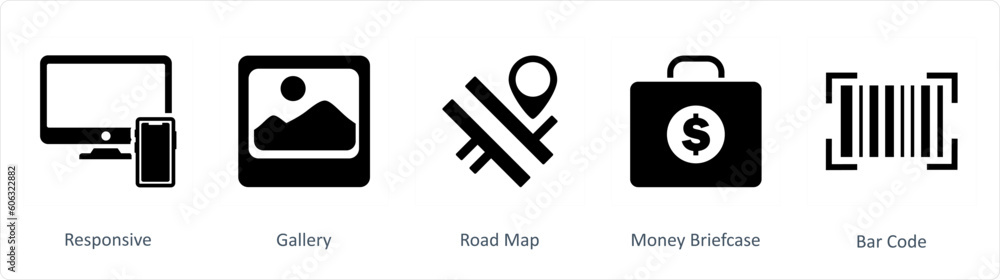 A set of 5 Business icons as responsive, gallery, road map A set of 5 Business icons as responsive, gallery, road map
