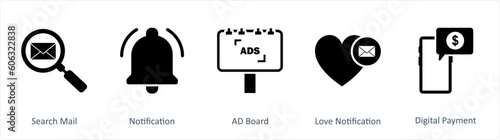 A set of 5 Business icons as search mail, notification, ad board