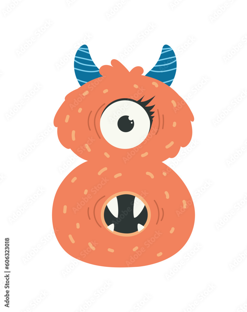 Fototapeta premium Cute monster number 8 concept. Red mutant or devil. Arithmetic and mathematics. Halloween or birthday decorative candle. Cartoon flat vector illustration isolated on white background