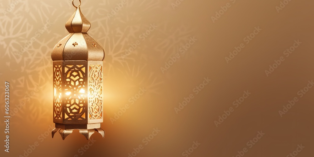 celebration of islamic eid mubarak and eid al adha lantern in a light background copy space, Generative AI