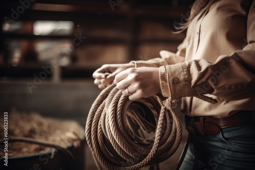 cowgirl, with rope and cowboy hat in hand, preparing for the rodeo, created with generative ai