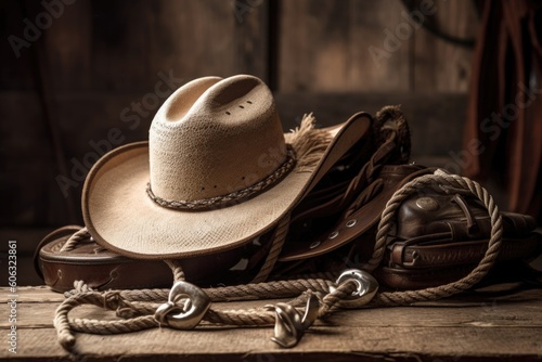 cowboy hat tied to a saddle with lasso rope on horseback, created with generative ai