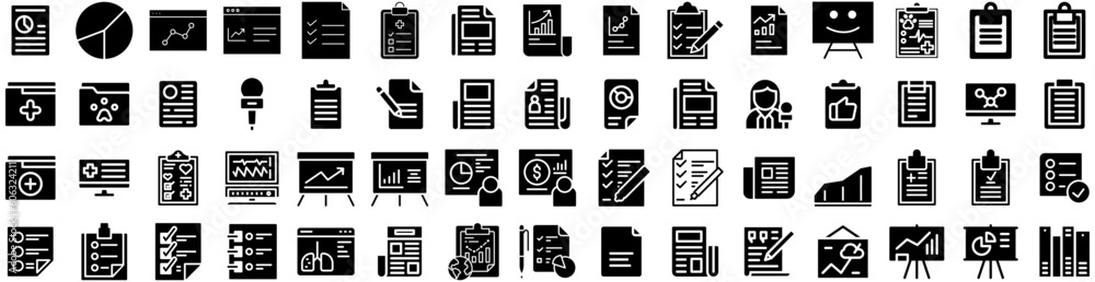 Set Of Report Icons Isolated Silhouette Solid Icon With Financial, Report, Finance, Business, Chart, Data, Analysis Infographic Simple Vector Illustration Logo Set Of Report Icons Isolated Silhouette Solid Icon With Financial, Report, Finance, Business, Chart, Data, Analysis Infographic Simple Vector Illustration Logo